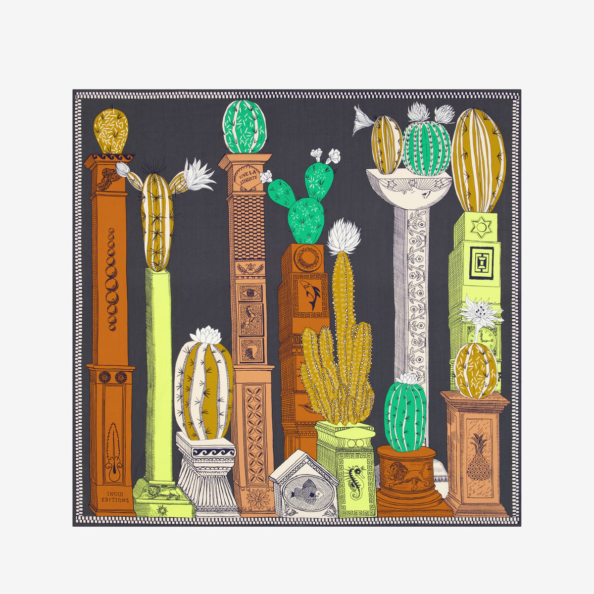 The INOUI EDITIONS - TEQUILA SCARF IN LEMON by INOUI features vibrant cacti and succulents in green, yellow, and white on brown and gray pedestals, set against a dark gray background with a decorative border.