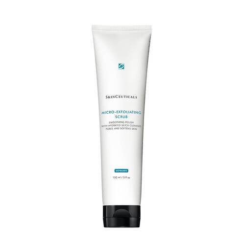 A white tube of SKINCEUTICALS - MICRO EXFOLIATING SCRUB with a black cap. The label on the front shows the brand name, product name, and product details. This 150 ml face exfoliating scrub from SkinCeuticals features hydrated silica to improve skin texture, and there is text in blue and black.
