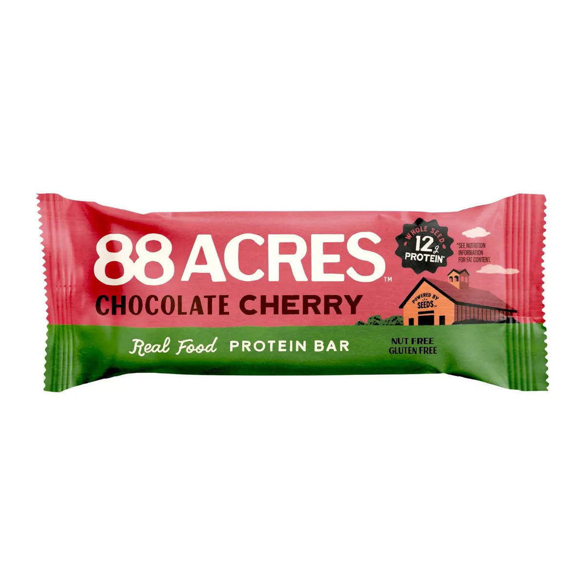 An image showing the nutrition facts and ingredients of the 88 ACRES - CHOCOLATE CHERRY PROTEIN BAR, with 270 calories per serving. Main ingredients include dark chocolate, pumpkin seeds, cherries, sunflower seeds, and maple syrup.