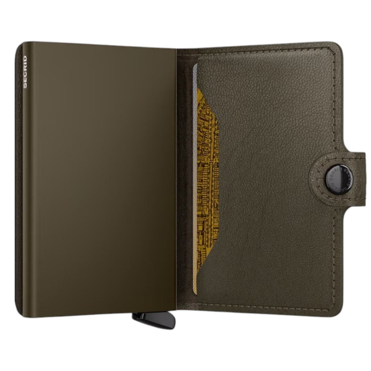 A SECRID - PREMIUM MINIWALLET+ EMBOSS LINES IN CEDAR, featuring embossed lines in a textured cedar hue and equipped with a snap button closure reminiscent of the iconic Secrid wallet design, is displayed standing upright against a white background.