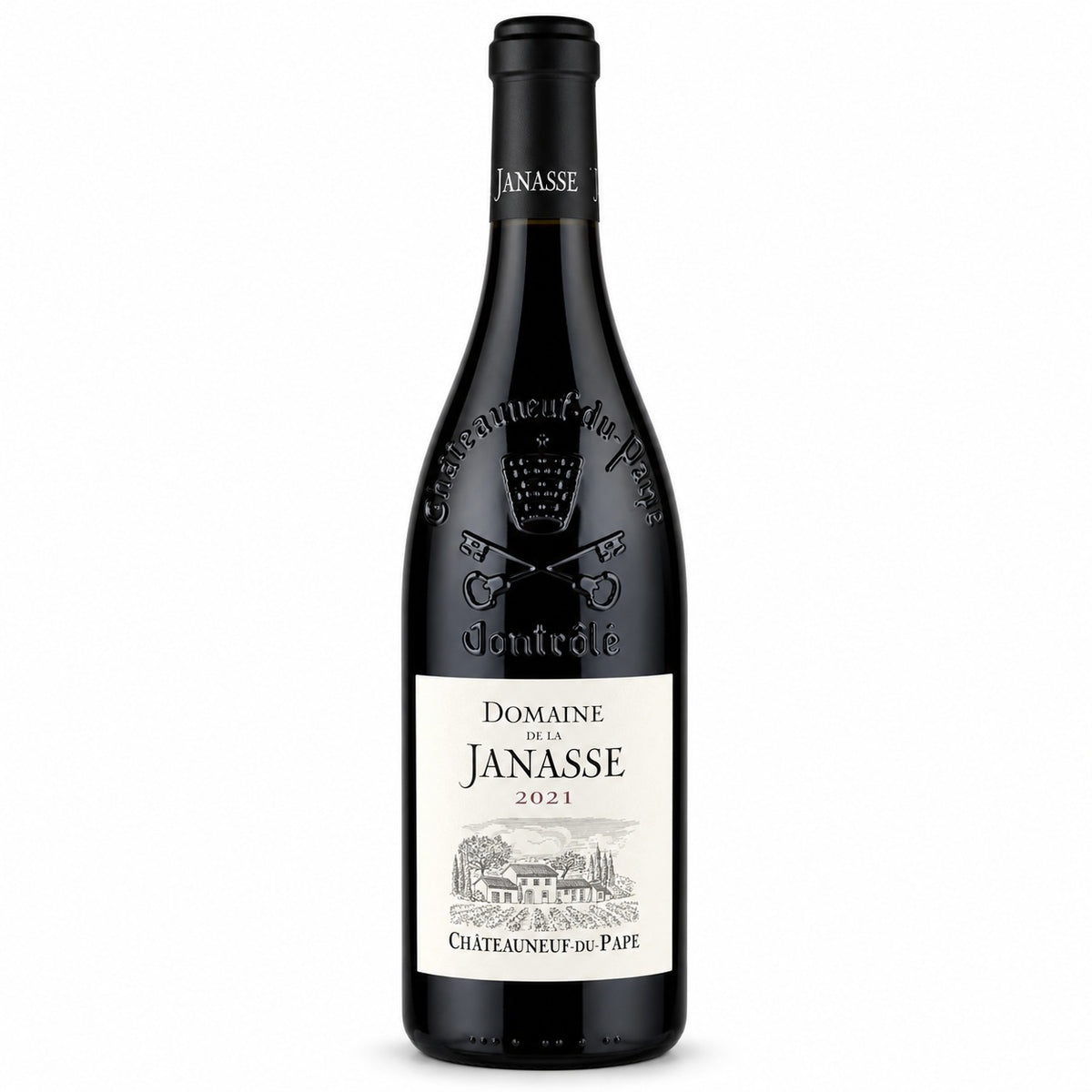 A bottle of JANASSE ‘TRADITION’ CHATEAUNEUF-DU-PAPE 2021 from WINE: FREEDOM BEVERAGE, featuring an embossed crest on the neck and a detailed illustration of a vineyard on the label.