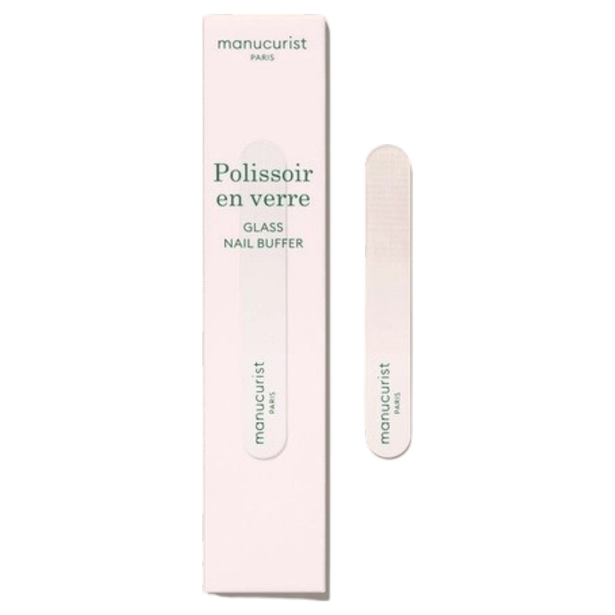 The MANUCURIST - GLASS BUFFER by MANUCURIST INC, shown alongside its rectangular light pink box with green text, is a recyclable premium nail buffer that delivers a flawless, polished-free shine.