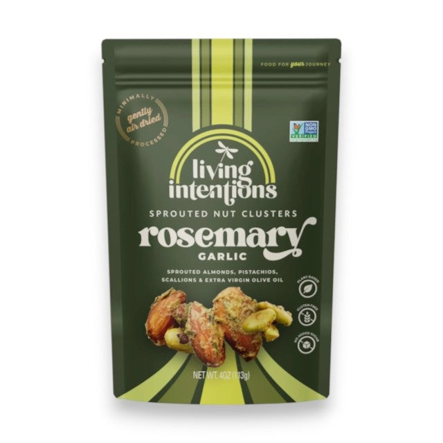 A 4 oz (113g) green bag of LIVING INTENTIONS - SUPERFOOD NUT CLUSTER WITH ROSEMARY GARLIC, featuring images of nuts and garlic, with white and yellow text.