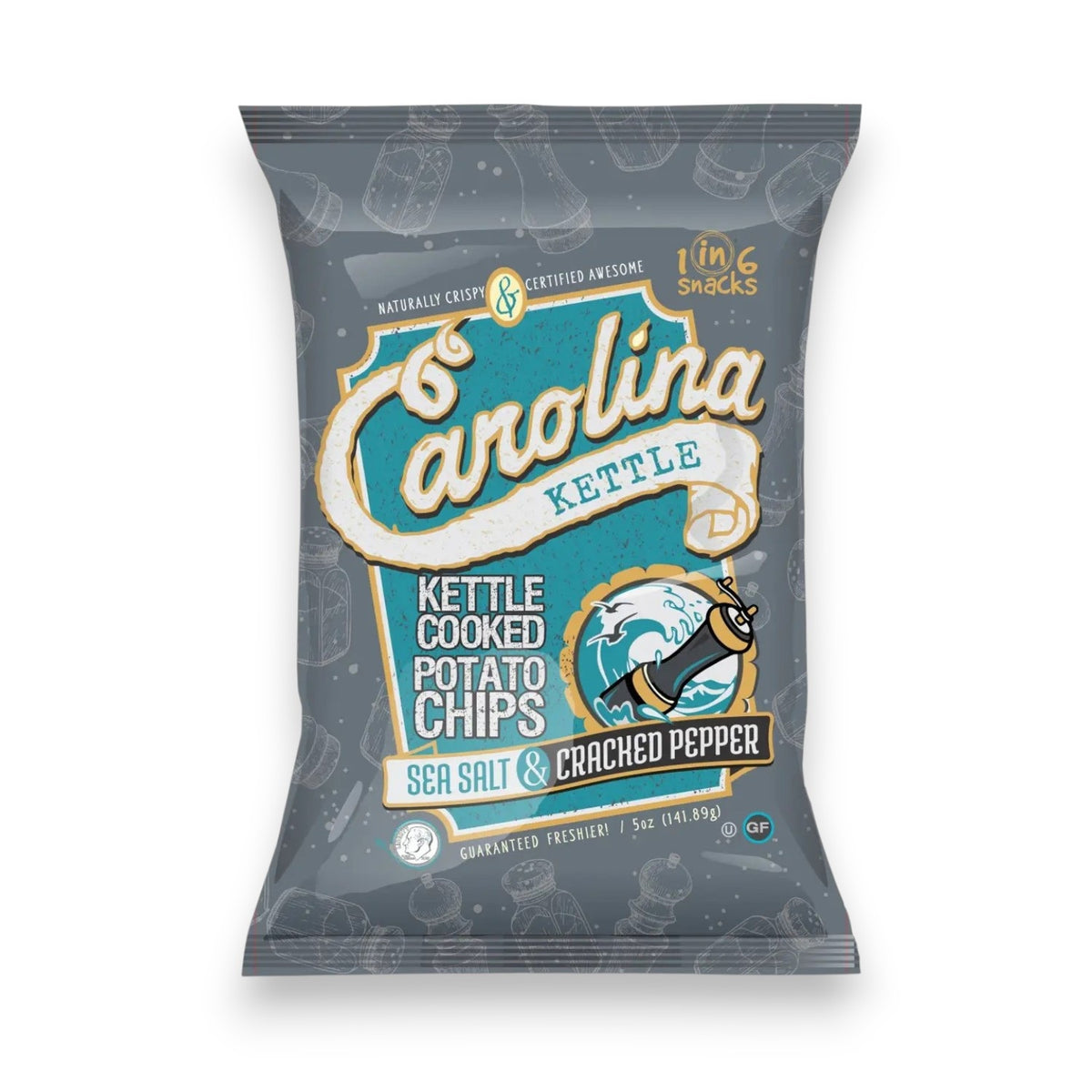 A bag of Carolina Kettle Sea Salt and Cracked Pepper chips by 1 in 6 Snacks features a distinctive design and supports hunger relief efforts.