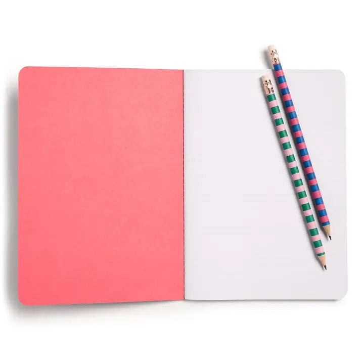 This E. FRANCES PAPER set includes two stitched OKLOVEYOUBYE notebooks, each 8.5 x 6 inches with soft covers, 26 ruled pages, and bold pink and green “OK LOVE YOU BYE” text on blue.