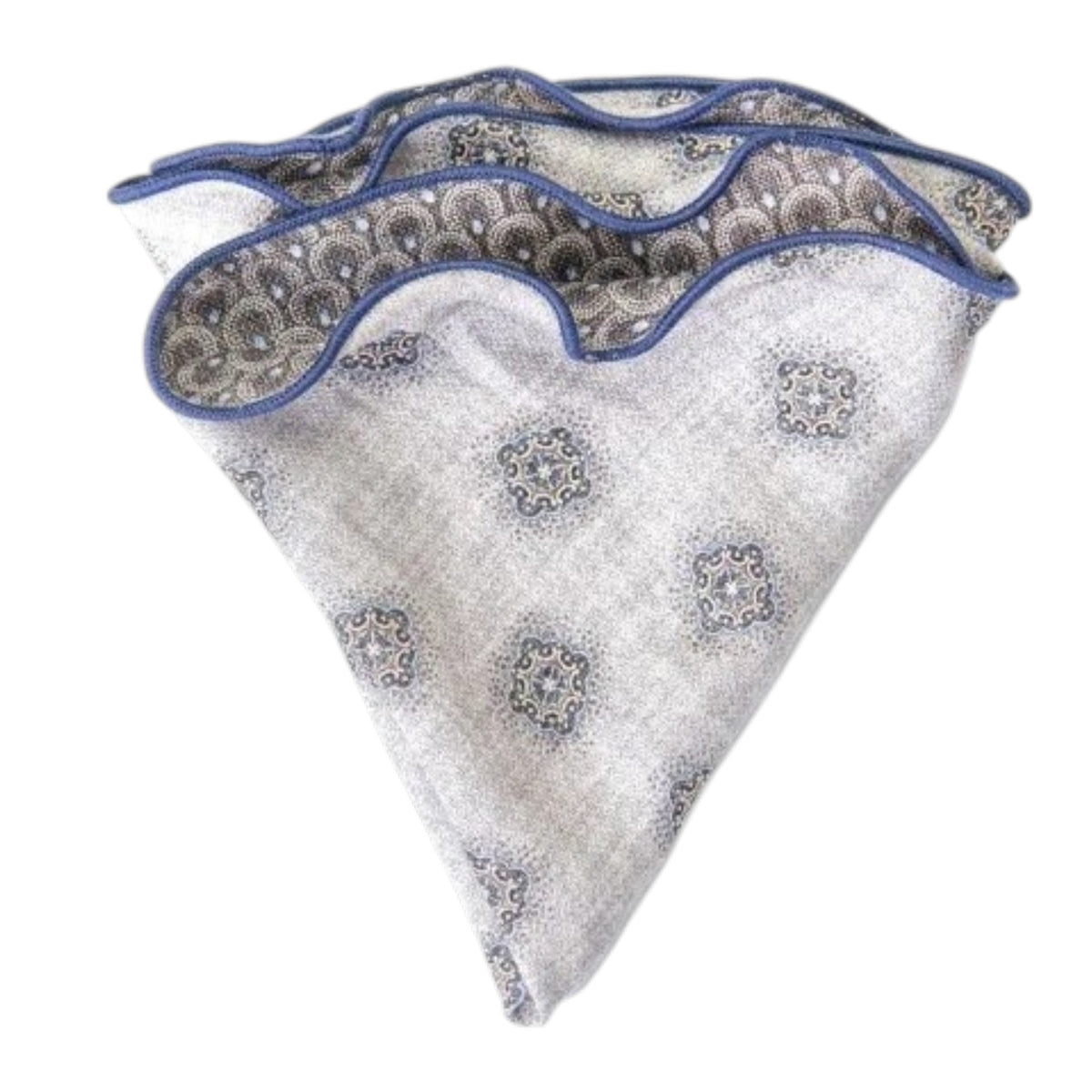 The EDWARD ARMAH Silk Reversible Pocket Circle in Gray Foulard/Feather features a light gray geometric pattern with blue accents and border, shown folded on a white background.
