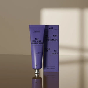 A list of skincare ingredients and benefits: Calendula oil calms and soothes, prebiulin prebiotics balance the microbiome, apricot kernel oil hydrates and softens, and vitamin E nourishes and protects. AKT LONDON’s BODY WASH CONCENTRATE THE ONSEN features this microbiome-friendly formula in a luxurious prebiotic shower gel—illustrated with gel bubbles on the right.