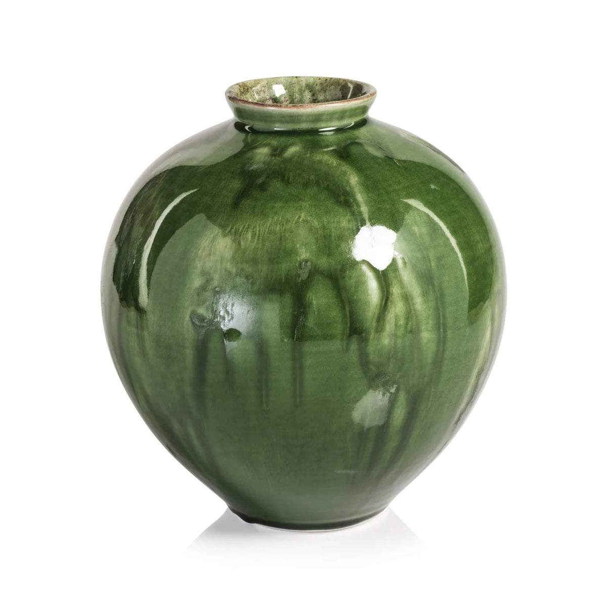 The ZODAX BLUBUS Glazed Ceramic Vase is a round, glossy green piece with a small opening and subtle glaze variations, measuring 9 x 10 inches and shown against a white background.