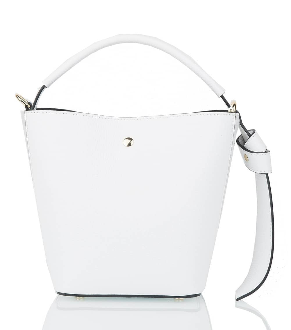 Introducing the SMALL LEATHER BUCKET HANDBAG by LE BORSETTE: This sleek white handbag boasts a structured design with a single top handle and detachable crossbody straps. With its minimalistic style and tiny gold accent on the front, its clean lines and smooth texture provide a modern, sophisticated look.
