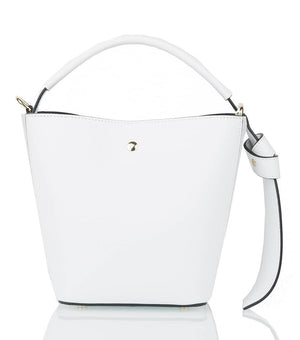 Introducing the SMALL LEATHER BUCKET HANDBAG by LE BORSETTE: This sleek white handbag boasts a structured design with a single top handle and detachable crossbody straps. With its minimalistic style and tiny gold accent on the front, its clean lines and smooth texture provide a modern, sophisticated look.