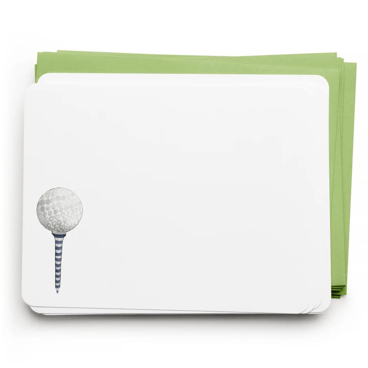 E. FRANCES PAPER Golf Flat Notes boxed stationery set includes notecards and envelopes featuring a golf ball on a tee, packaged in light green with a clear window.