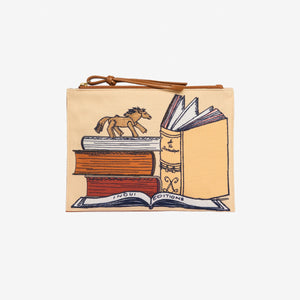 The INOUI EDITIONS - EMBROIDERED POUCH PARIS 9TH ARRONDISSEMENT by INOUI is a rectangular orange fabric pouch with a zipper and leather pull tab, an embossed logo patch on the front, shown against a plain white background.