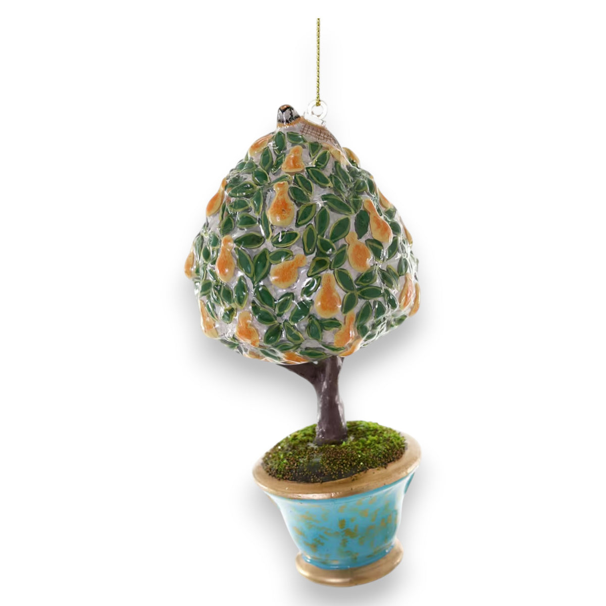 The GREEN PEAR TREE ORNAMENT by CODY FOSTER features a potted pear tree with green leaves, yellow pears, a blue pot with gold accents, faux moss, and hangs from a gold string—ideal for collectors or design lovers.