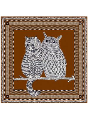 Showcasing a drawing of a striped cat and an intricately detailed owl perched side by side on a branch, set against a terracotta brown background with an ornate patterned border, the INOUI EDITIONS - CHOUETTE SQUARE MODAL SILK SCARF IN TERRACOTTA by INOUI is expertly crafted in India. Measuring 70 x 70 cm, this unique scarf features intricate details reminiscent of traditional artistry.