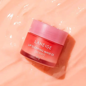 A 20g pink jar of KOSMIC KBEAUTY SKINCARE's LANEIGE LIP SLEEPING MASK BERRY features Berry Fruit Complex, Vitamin C, and the brand name in white text; it's an overnight lip mask for smooth, hydrated lips.