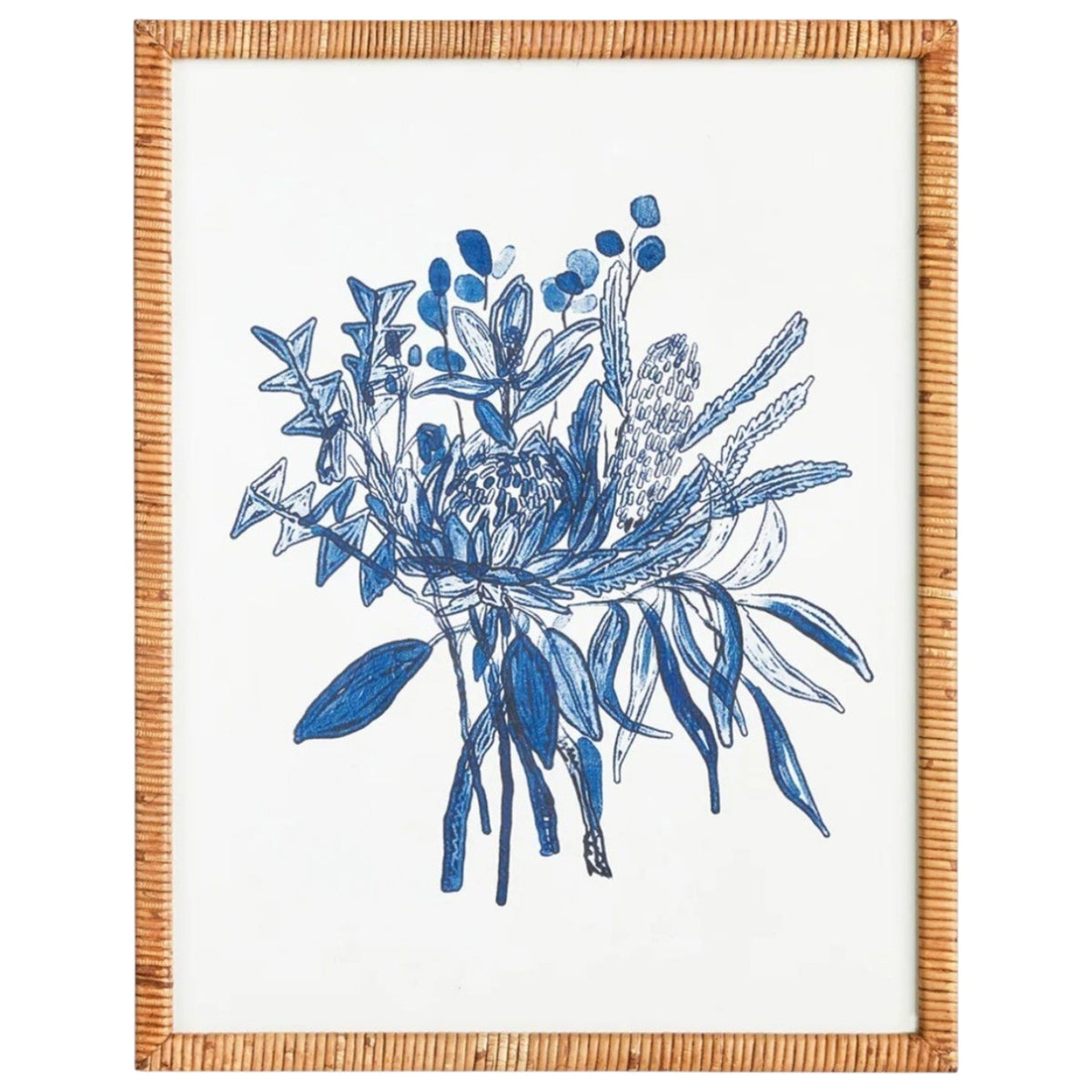 The NAPA HOME AND GARDEN - BANKSIA BOUQUET PRINT offers two framed artworks with blue botanical illustrations and rattan-wrapped frames; one features abstract florals, and the other showcases monochromatic bouquets in soothing tones, perfect for in-store pickup to enhance your decor.