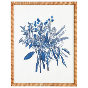 The NAPA HOME AND GARDEN - BANKSIA BOUQUET PRINT offers two framed artworks with blue botanical illustrations and rattan-wrapped frames; one features abstract florals, and the other showcases monochromatic bouquets in soothing tones, perfect for in-store pickup to enhance your decor.