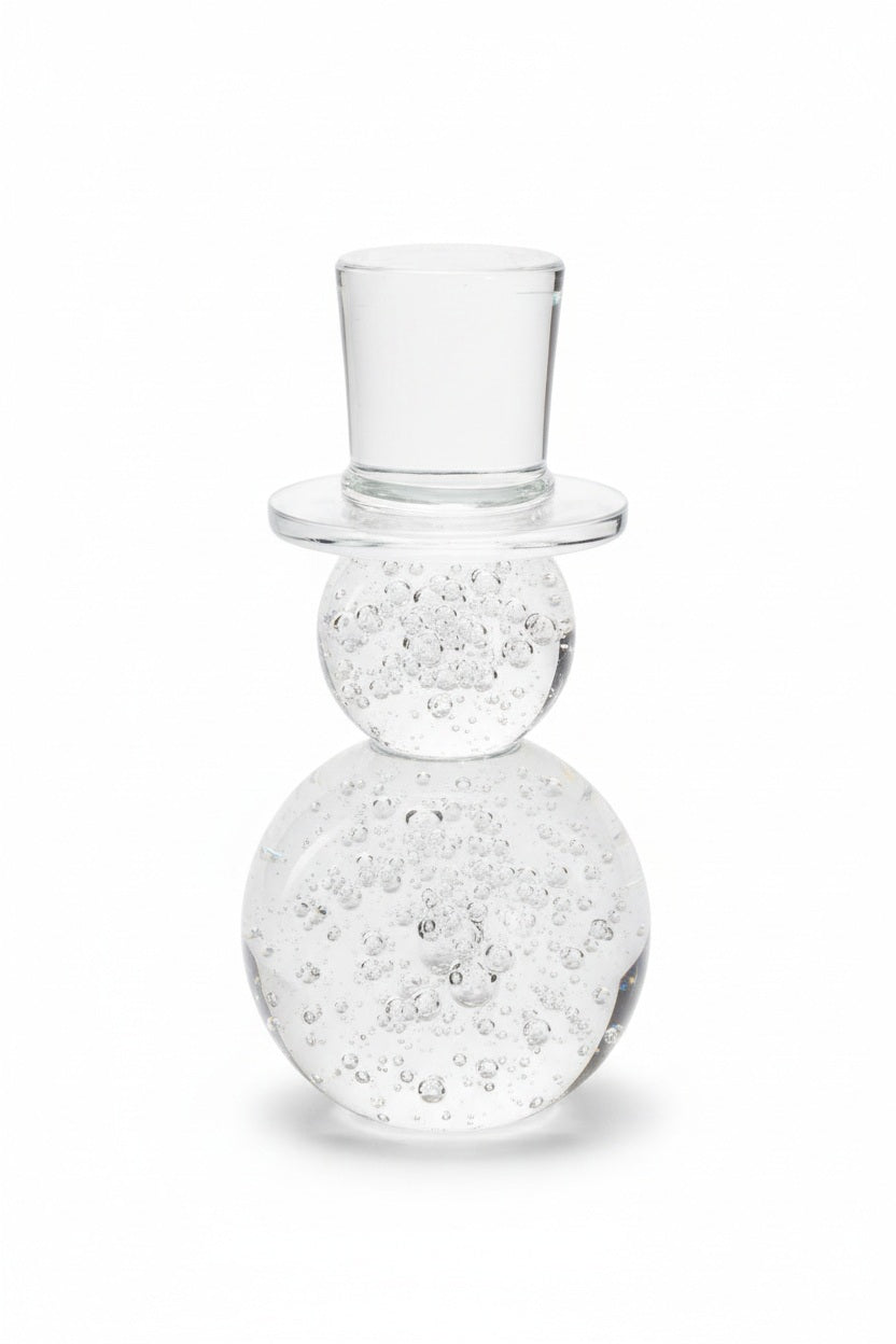 ZODAX ICY COLD CRYSTAL GLASS SNOWMAN, a 3 in x 6.75 in clear glass figurine wearing a top hat and filled with trapped air bubbles.