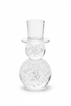 ZODAX ICY COLD CRYSTAL GLASS SNOWMAN, a 3 in x 6.75 in clear glass figurine wearing a top hat and filled with trapped air bubbles.