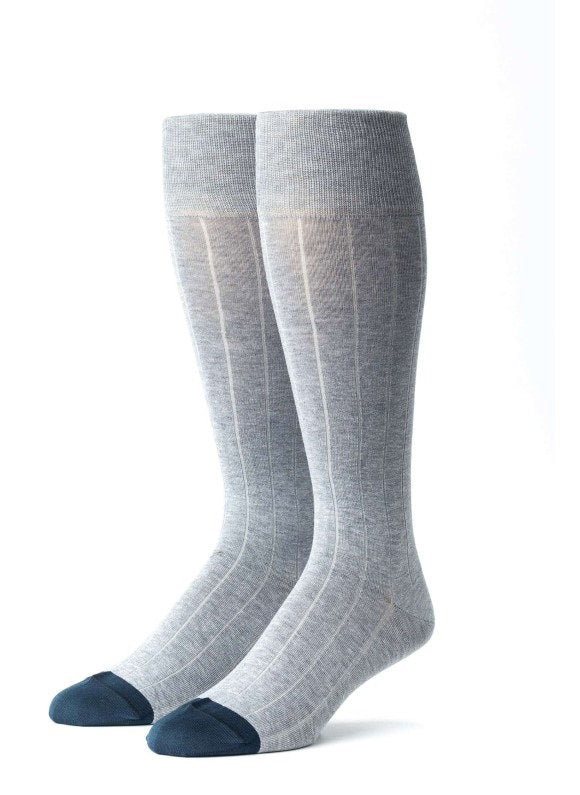 The EDWARD ARMAH - GREY STEEL BLU RIB SOCK features light gray ribbed cotton with steel blue toes, shown upright against a white background. Brand: EDWARD ARMAH.