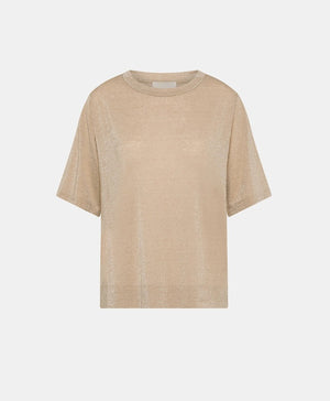 The MOMONI - IORA LUREX JERSEY T SHIRT by MOMONI is a red, short-sleeve, loose-fitting T-shirt with a subtle shimmer. Crafted from soft lurex jersey, this shirt features a round neckline and is made of a soft, lightweight material. Made in Italy. The background is plain white.