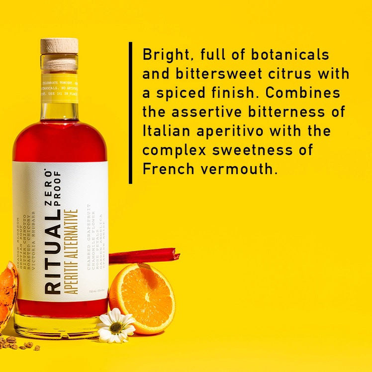 A clear glass bottle of Ritual Zero Proof Aperitif Alternative, featuring vibrant red liquid and a white label with bold black and yellow text—perfect for making a refreshing non-alcoholic spritz or Italian aperitivo.