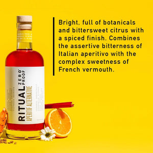 A clear glass bottle of Ritual Zero Proof Aperitif Alternative, featuring vibrant red liquid and a white label with bold black and yellow text—perfect for making a refreshing non-alcoholic spritz or Italian aperitivo.