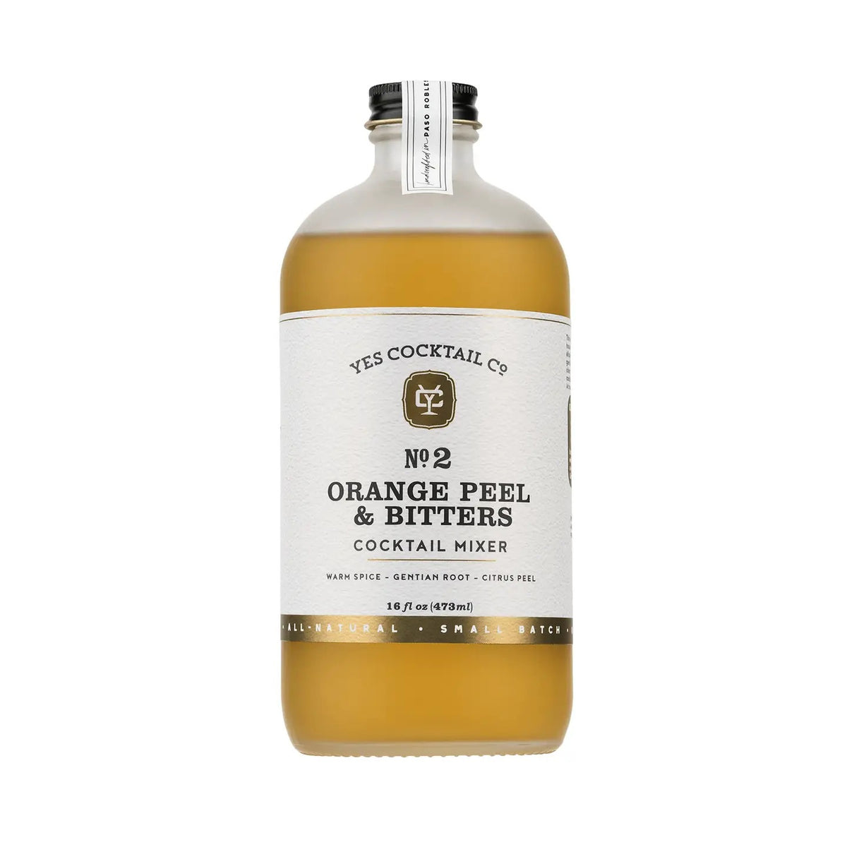 A clear bottle labeled “YES COCKTAIL CO - ORANGE PEEL AND BITTERS COCKTAIL MIXER” from YES COCKTAIL CO., featuring a silver cap and containing 16 fl oz of amber liquid. This all-natural mixer offers notes of warm spice, gentian root, and citrus peel, making it the perfect ingredient for elevating classic cocktails like the Old Fashioned.