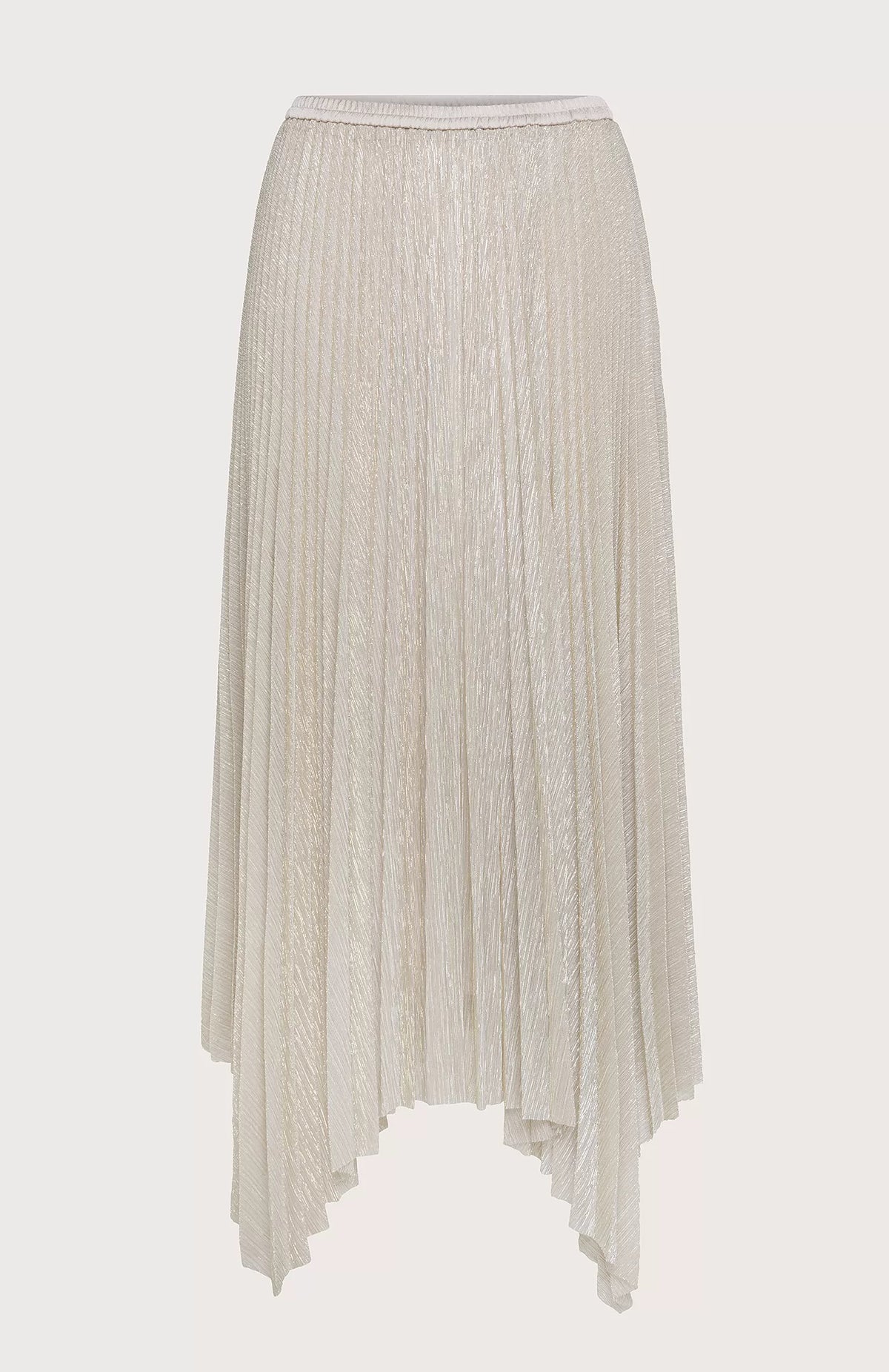 Introducing the SEVENTY VENEZIA - Pleated Lurex Jersey Skirt with Asymmetrical Hem by SEVENTY, a cream-colored midi skirt featuring an elegant asymmetrical bottom. This skirt is crafted from crinkle-effect lurex jersey, giving it a subtle, shimmery texture that enhances its flowy design. The fitted waistband ensures a graceful drape, adding an extra touch of sophistication to this stylish piece.