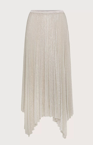 Introducing the SEVENTY VENEZIA - Pleated Lurex Jersey Skirt with Asymmetrical Hem by SEVENTY, a cream-colored midi skirt featuring an elegant asymmetrical bottom. This skirt is crafted from crinkle-effect lurex jersey, giving it a subtle, shimmery texture that enhances its flowy design. The fitted waistband ensures a graceful drape, adding an extra touch of sophistication to this stylish piece.
