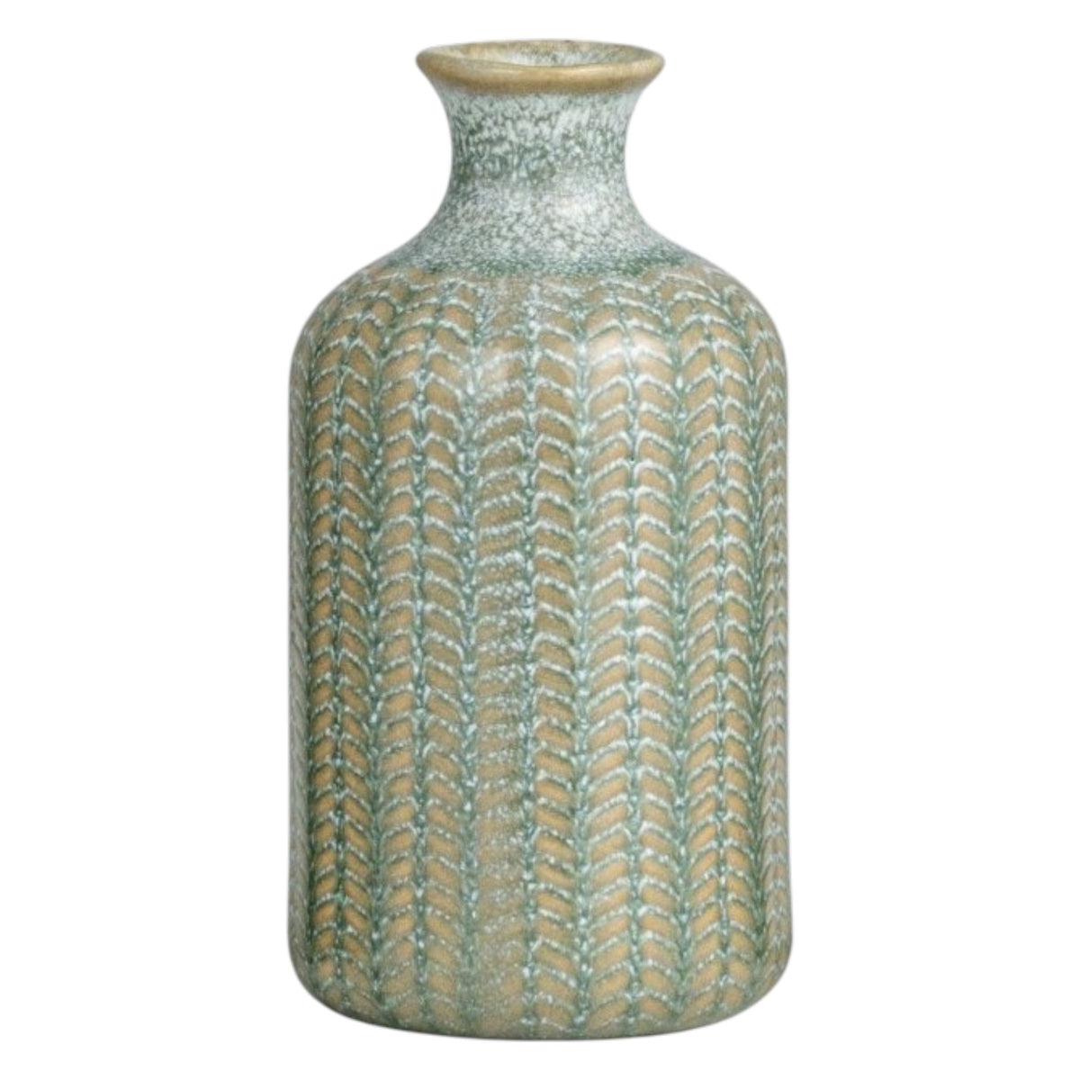 The CREATIVE COOP GRAY EMBOSSED STONEWARE VASE, MEDIUM features a tall, cylindrical shape with a narrow neck, flared rim, and textured leaf-like pattern—ideal as a decorative farmhouse accent.