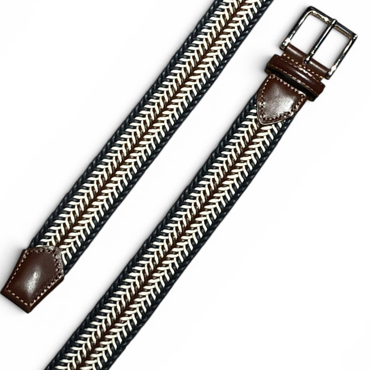 The ATHISON Braided Cotton Stretch Belt in navy and brown features interlaced navy, white, and brown strands, a silver buckle, and brown leather accents at the ends, shown against a white background.