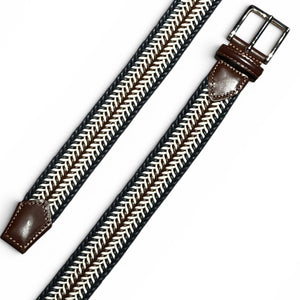 The ATHISON Braided Cotton Stretch Belt in navy and brown features interlaced navy, white, and brown strands, a silver buckle, and brown leather accents at the ends, shown against a white background.