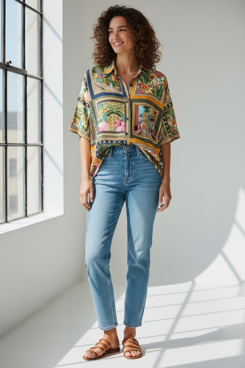 A person in a MOMONI - BROOKLYN blue shirt with a classic collar, paired with colorful beaded necklaces and tucked into striped pants. The loose-fitting, short-sleeve button-up stands out against the plain light background.