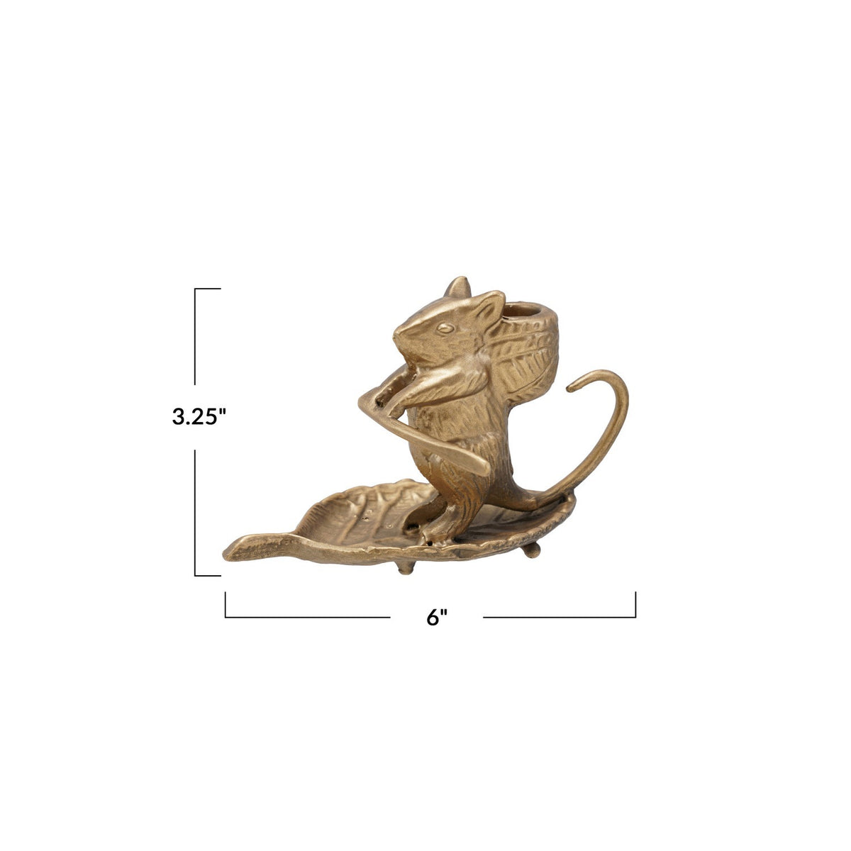 The CREATIVE COOP MOUSE ON LEAF CAST METAL TAPER HOLDER in an antique gold finish features a mouse standing on a leaf, holding a smaller leaf, with a taper candle holder on its back.