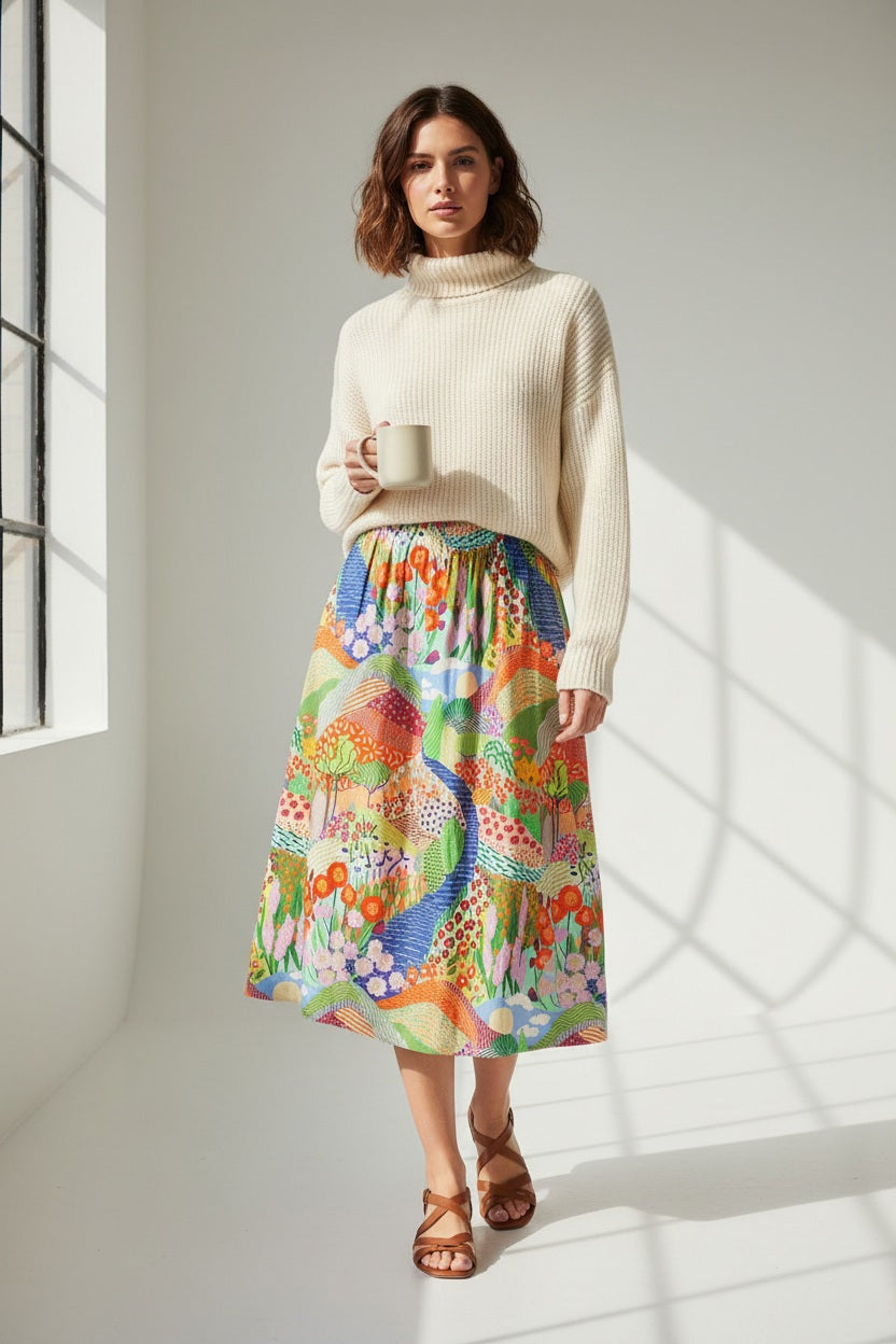 A woman stands against a plain background wearing green sandals and the MIRTO 1956 MULTICOLOR PRINT BALLOON SKIRT, featuring vibrant floral and peacock patterns, paired with a matching colorful crop top and straw hat.