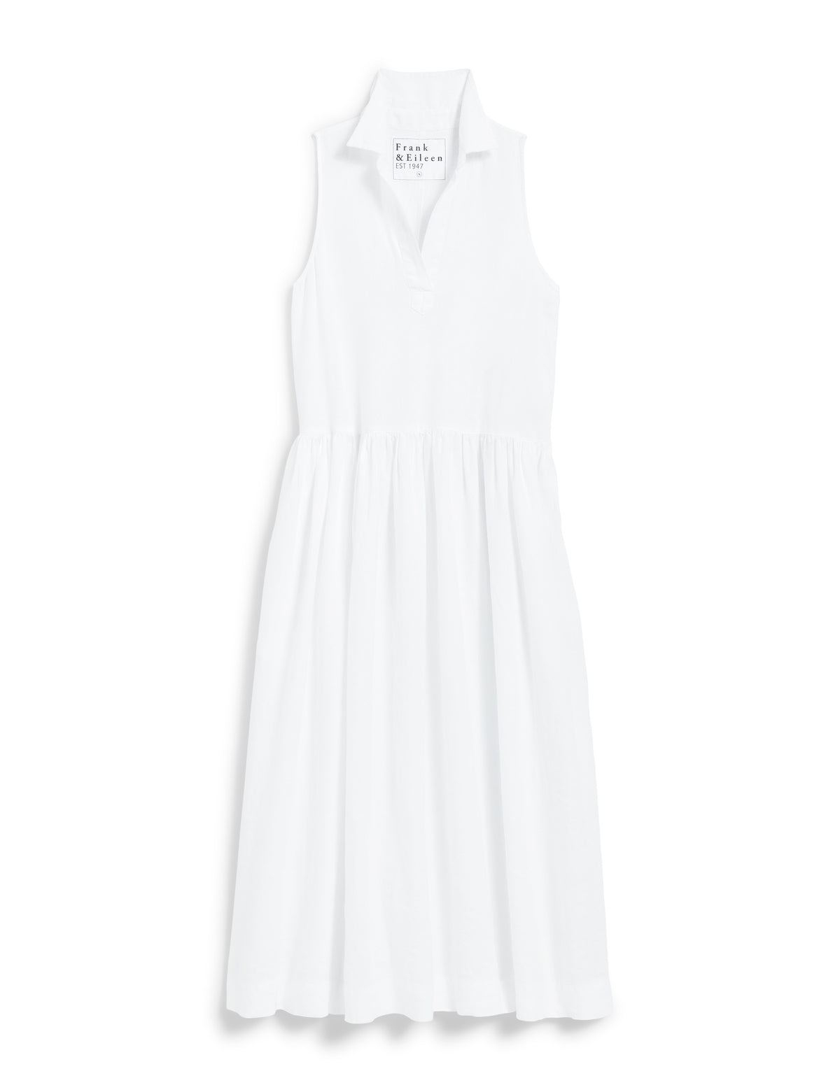 The FRANK &amp; EILEEN - DAPHNE SLEEVELESS POPOVER DRESS is a sophisticated maxi dress in washed linen, featuring a collar and V-neck. This elegant dress by FRANK &amp; EILEEN showcases a fitted bodice, a gathered flared skirt, and convenient side pockets. It is displayed against a white background.