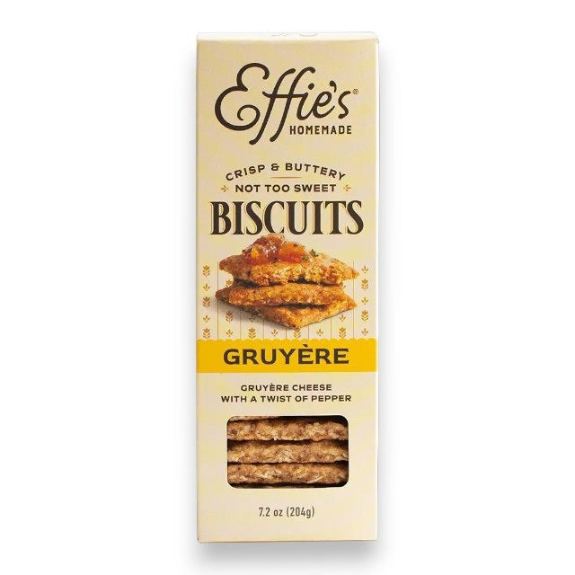 A 7.2 oz (206g) box of EFFIES HOMEMADE EFFIES - GRUYERE BISCUIT, labeled “crisp & buttery, not too sweet,” featuring an image of stacked biscuits with Gruyère cheese and pepper—perfect for pairing with your favorite craft beer.