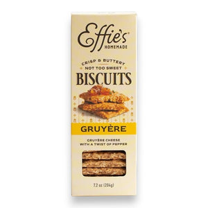 A 7.2 oz (206g) box of EFFIES HOMEMADE EFFIES - GRUYERE BISCUIT, labeled “crisp & buttery, not too sweet,” featuring an image of stacked biscuits with Gruyère cheese and pepper—perfect for pairing with your favorite craft beer.