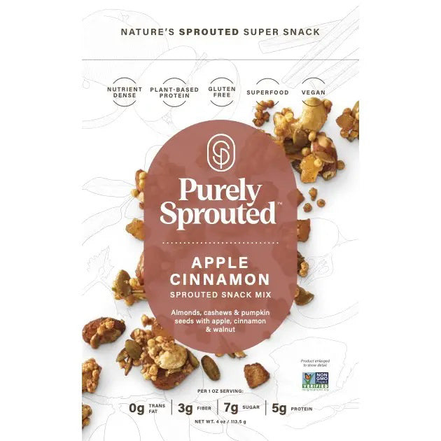 The image showcases a package of "PURELY SPROUTED - APPLE CINNAMON SPROUTED SNACK MIX" by PURELY SPROUTED. The front of the packaging emphasizes that this nutrient-dense snack is plant-based, gluten-free, a superfood, and vegan. Decorative images of the snack mix components such as almonds, cashews, pumpkin seeds, walnuts, and granola clusters are scattered around.