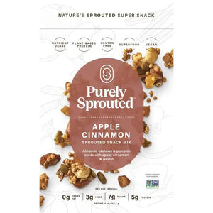 The image showcases a package of "PURELY SPROUTED - APPLE CINNAMON SPROUTED SNACK MIX" by PURELY SPROUTED. The front of the packaging emphasizes that this nutrient-dense snack is plant-based, gluten-free, a superfood, and vegan. Decorative images of the snack mix components such as almonds, cashews, pumpkin seeds, walnuts, and granola clusters are scattered around.