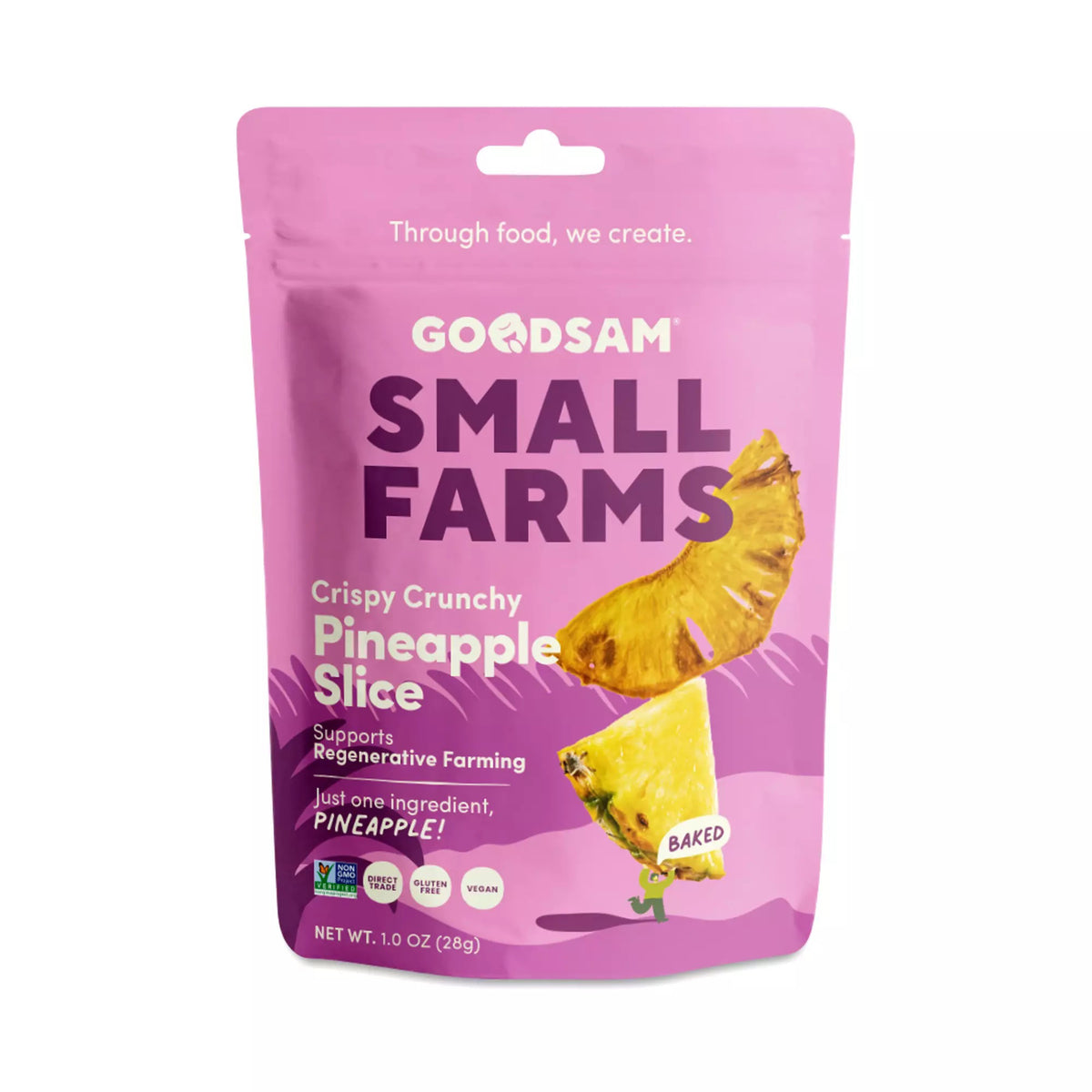 A pink pouch labeled &quot;GOODSAM-PINEAPPLE FRUIT CHIPS&quot; by GOODSAM FOODS shows pineapple rings. This vegan, keto, and baked snack supports regenerative farming and contains only pineapple.