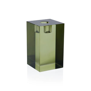 The ZODAX SQUARE CRYSTAL GLASS TAPER HOLDER IN GREEN features smooth, translucent glass with a round opening, measuring 2.75 x 2.75 x 4.75 inches, and is shown on a white background.