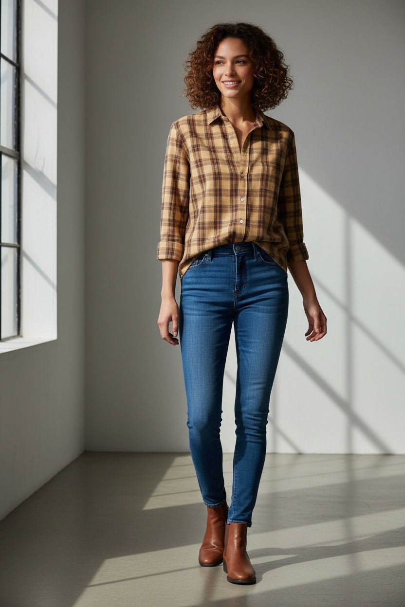 A woman stands in a sunlit room, smiling with curly hair, wearing the FRANK & EILEEN EILEEN Relaxed Button Up Shirt in Italian Flannel Gold Brown Plaid, paired with blue skinny jeans and brown ankle boots.