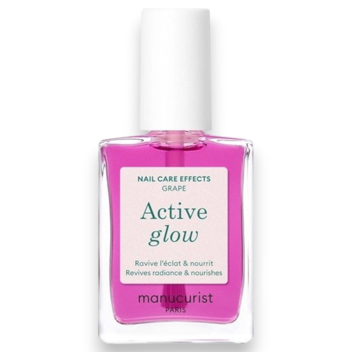 A pink serum drop labeled with its ingredients: raspberry extract (strengthens nails), AHAs (restore and harden), and sweet almond oil (nourishes). The text highlights that MANUCURIST - ACTIVE GLOW CARE POLISH by MANUCURIST INC is 85.5% plant-based—making it the ideal nail strengthener for achieving healthy, glass-like nails.