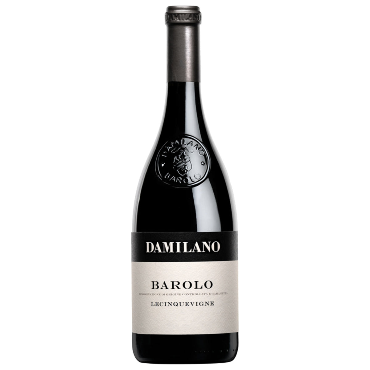 A half-bottle of DAMILANO ‘LECINQUEVIGNE’ BAROLO 2021 375ML (HALF BOTTLE) with a dark foil capsule, an embossed logo on the glass shoulder, and a beige label.