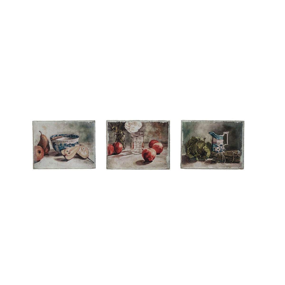 The CREATIVE COOP CANVAS STILL LIFE WITH FRUIT OR VEGETABLES features a blue and white bowl with a spoon, pears, and an apple on a light background—ideal for kitchen wall art or farmhouse décor.