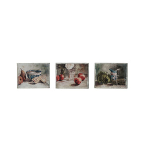 The CREATIVE COOP CANVAS STILL LIFE WITH FRUIT OR VEGETABLES features a blue and white bowl with a spoon, pears, and an apple on a light background—ideal for kitchen wall art or farmhouse décor.