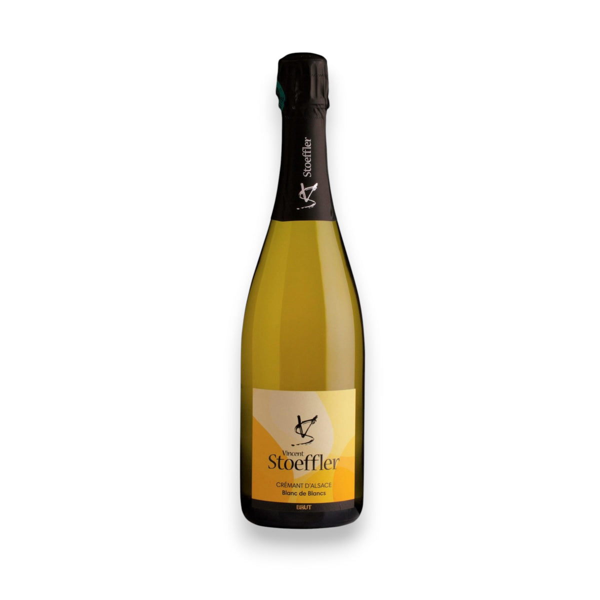 A bottle of STOEFFLER CREMANT DE ALSACE BLANC DE BLANC, a sparkling white wine, is set against a white background. The label features a stylized bird with "Stoeffler" and product details in black and yellow tones, distributed by WINE: EMPIRE DISTRIBUTING.