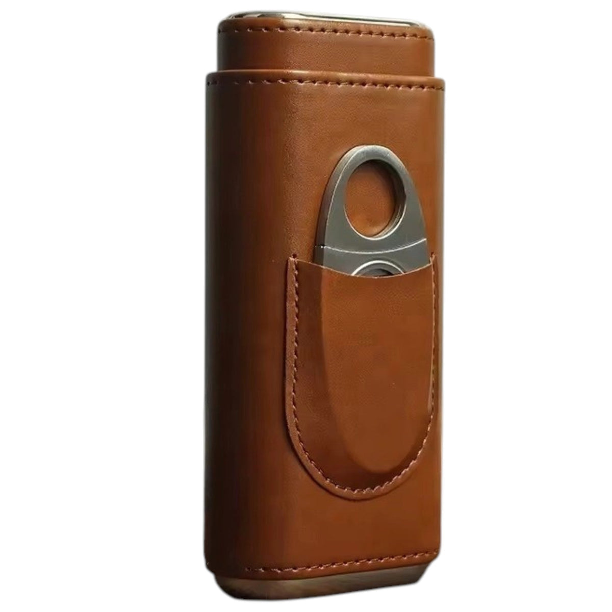 The AMERICAN LEATHER GOODS Leather Cigar Case with wood-lined humidor and cutter in brown sits on a wooden surface, while a black case rests behind. Leaf shadows appear on the wall in the background.